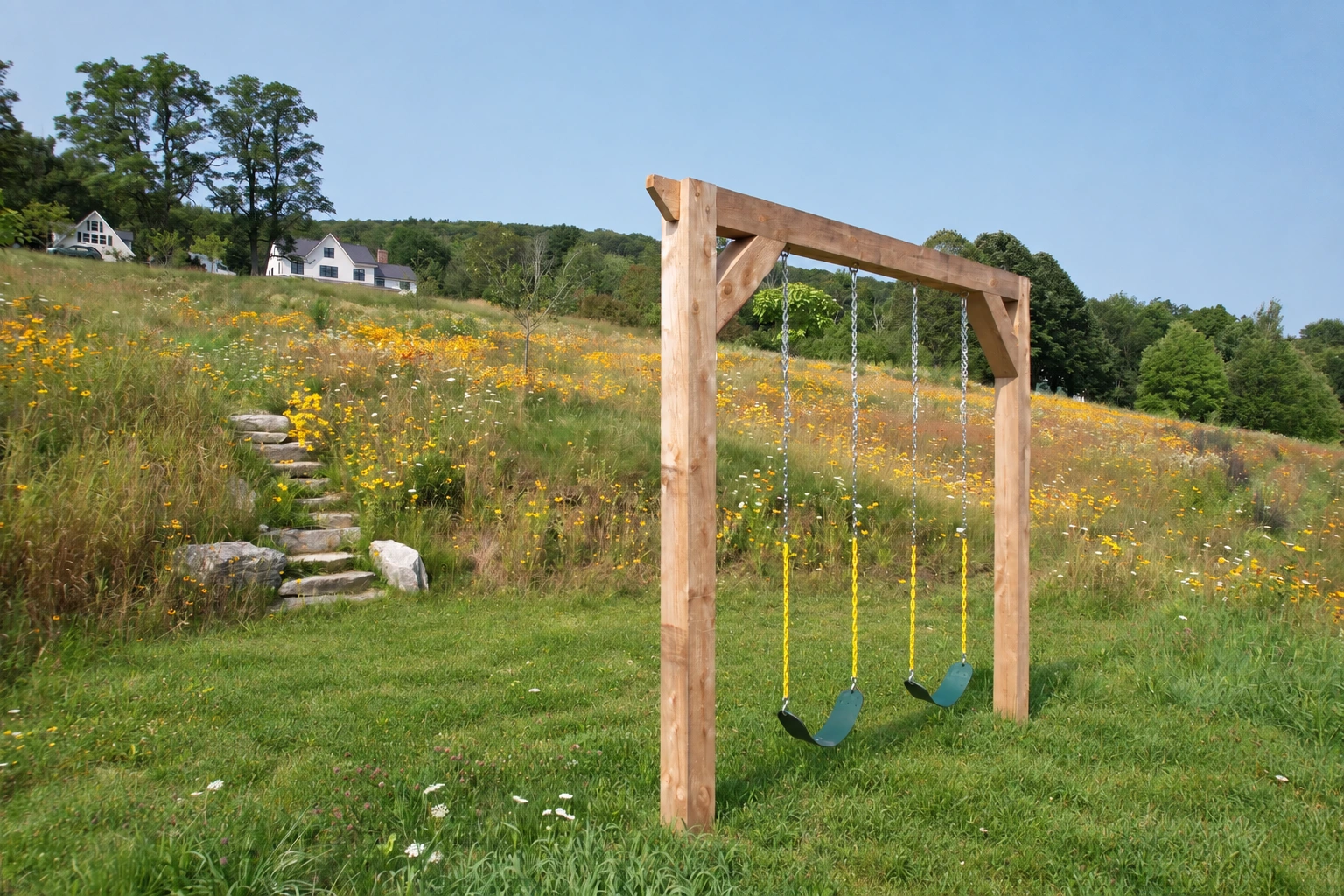 A timber swing creates a destination in the meadow