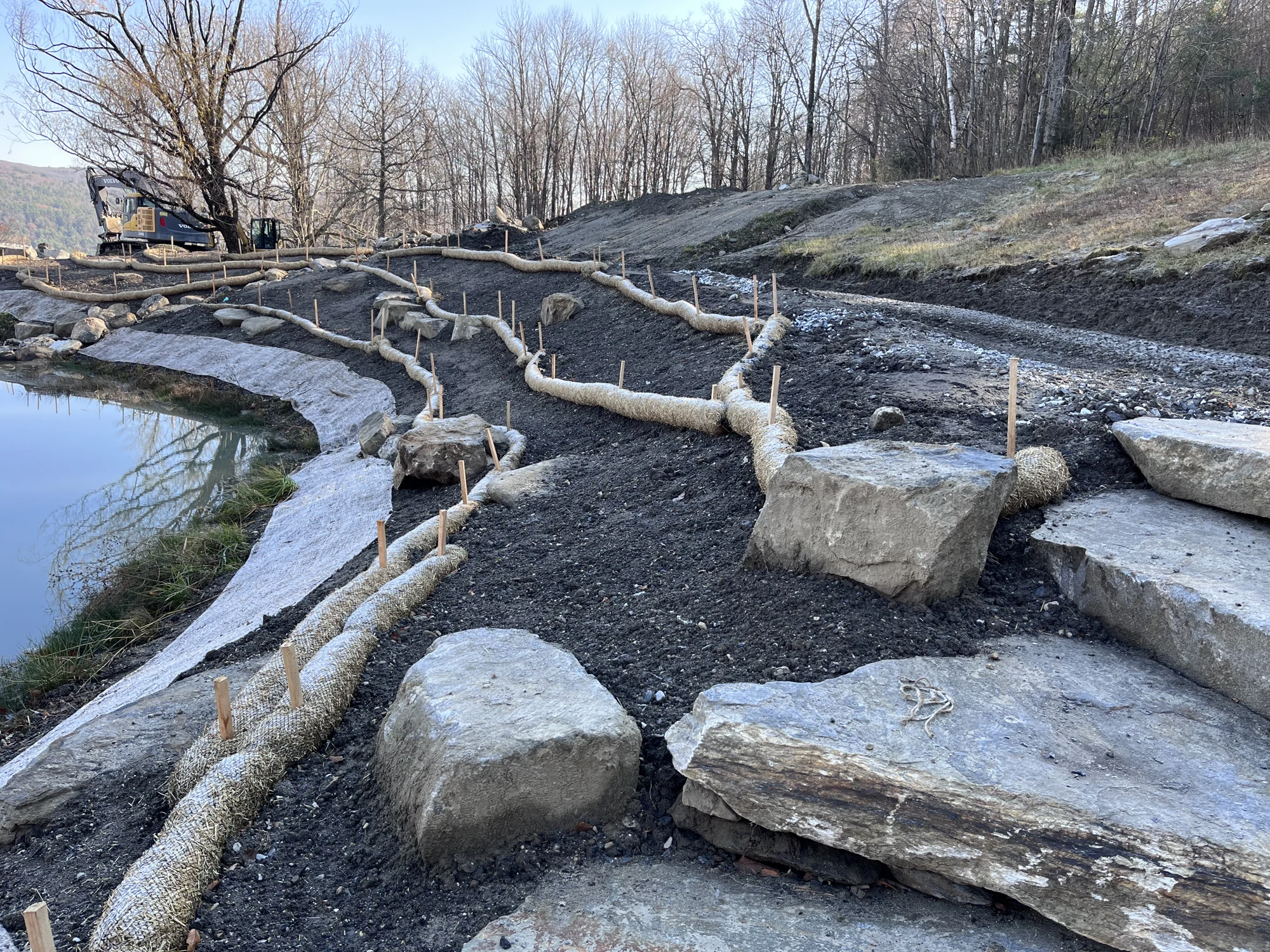 Terracing the pond bank to create planting areas and slow water off the slope.