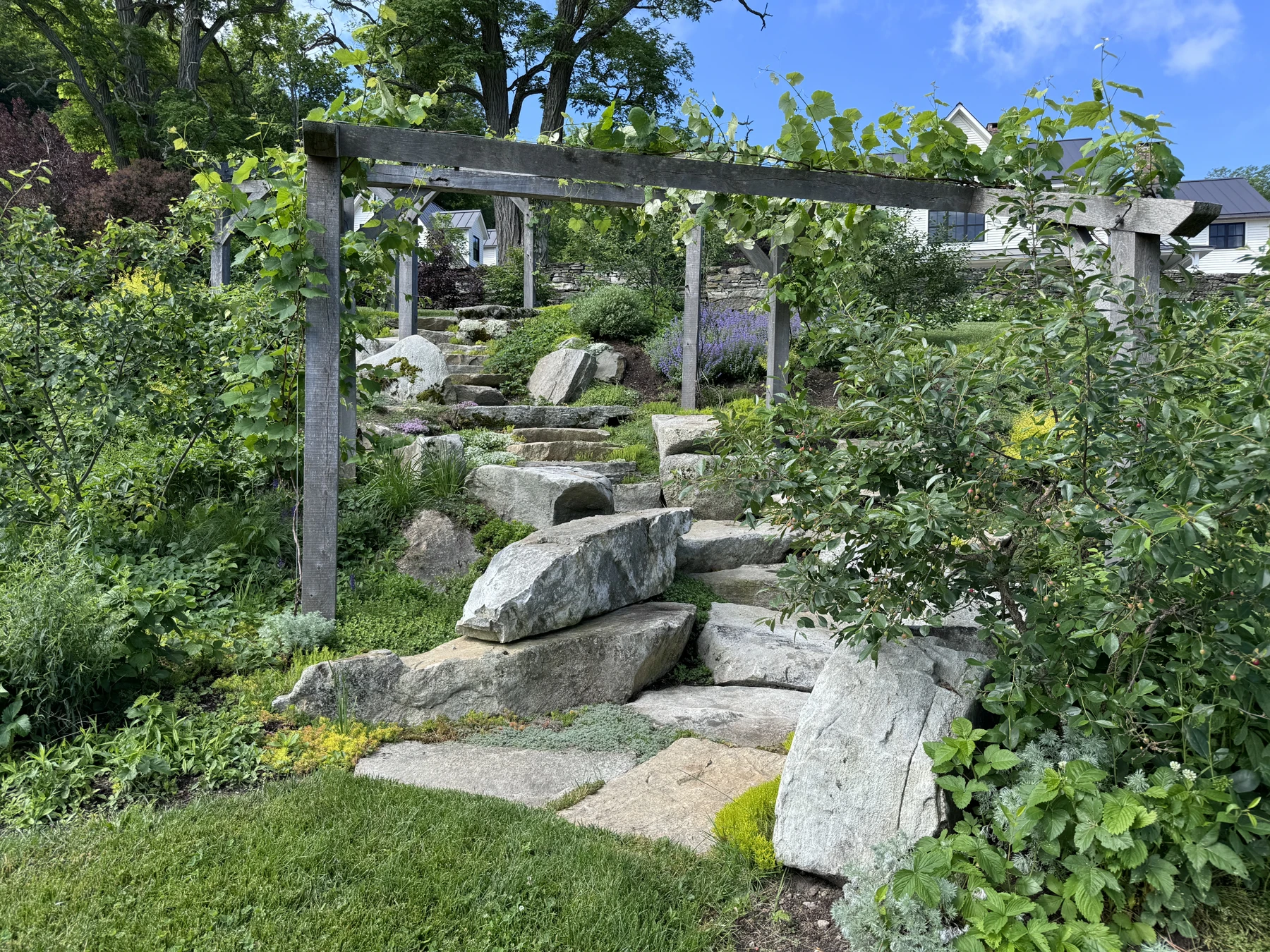 Timber frames follow the stone garden steps.