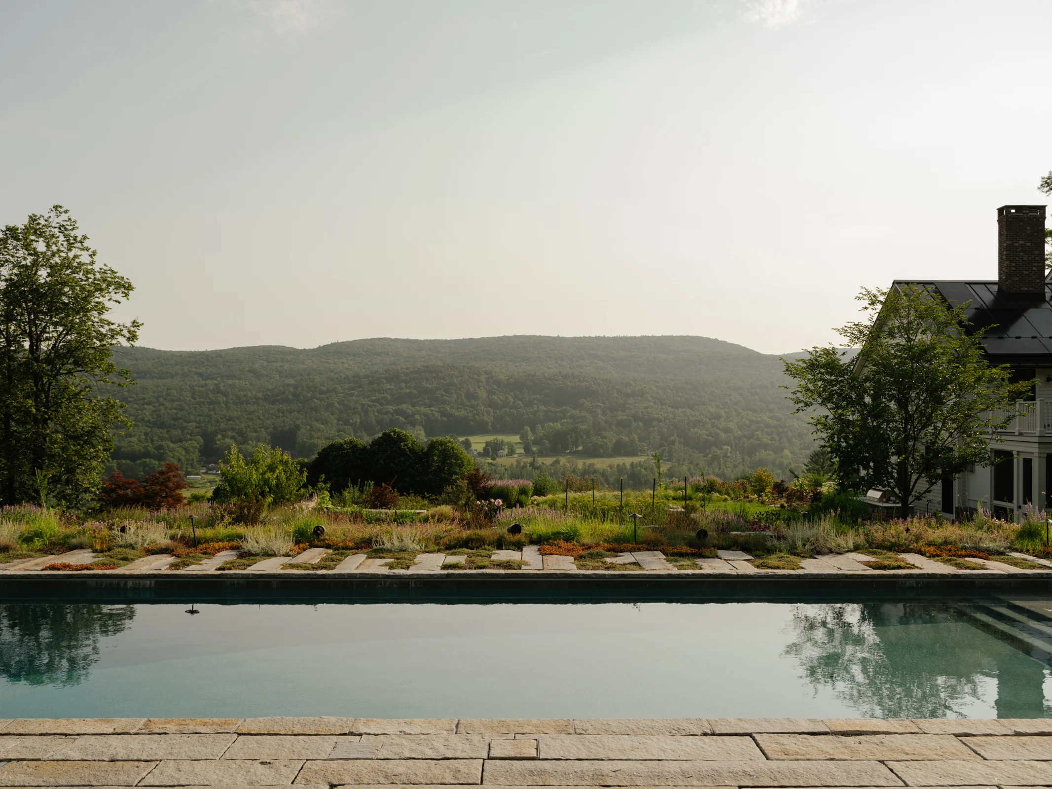 Planting beyond the pool is intentionally kept low to preserve uninterrupted views of the distant mountains.